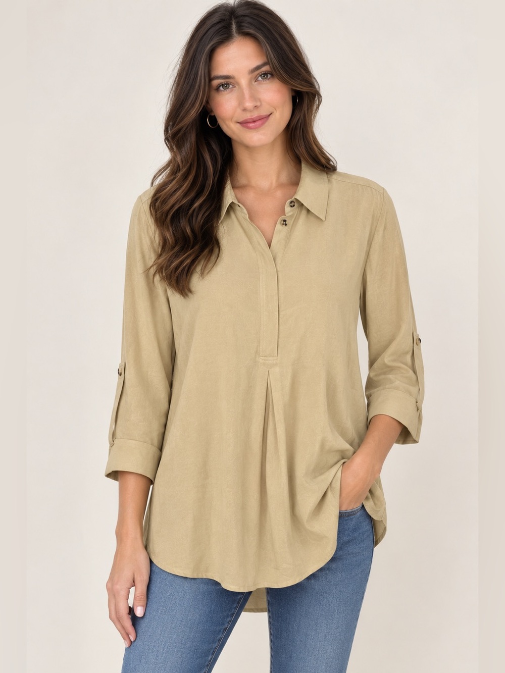 Tyler Boe Light Mustard Silk Long-Sleeve Tunic Blouse with Snap Front Size M